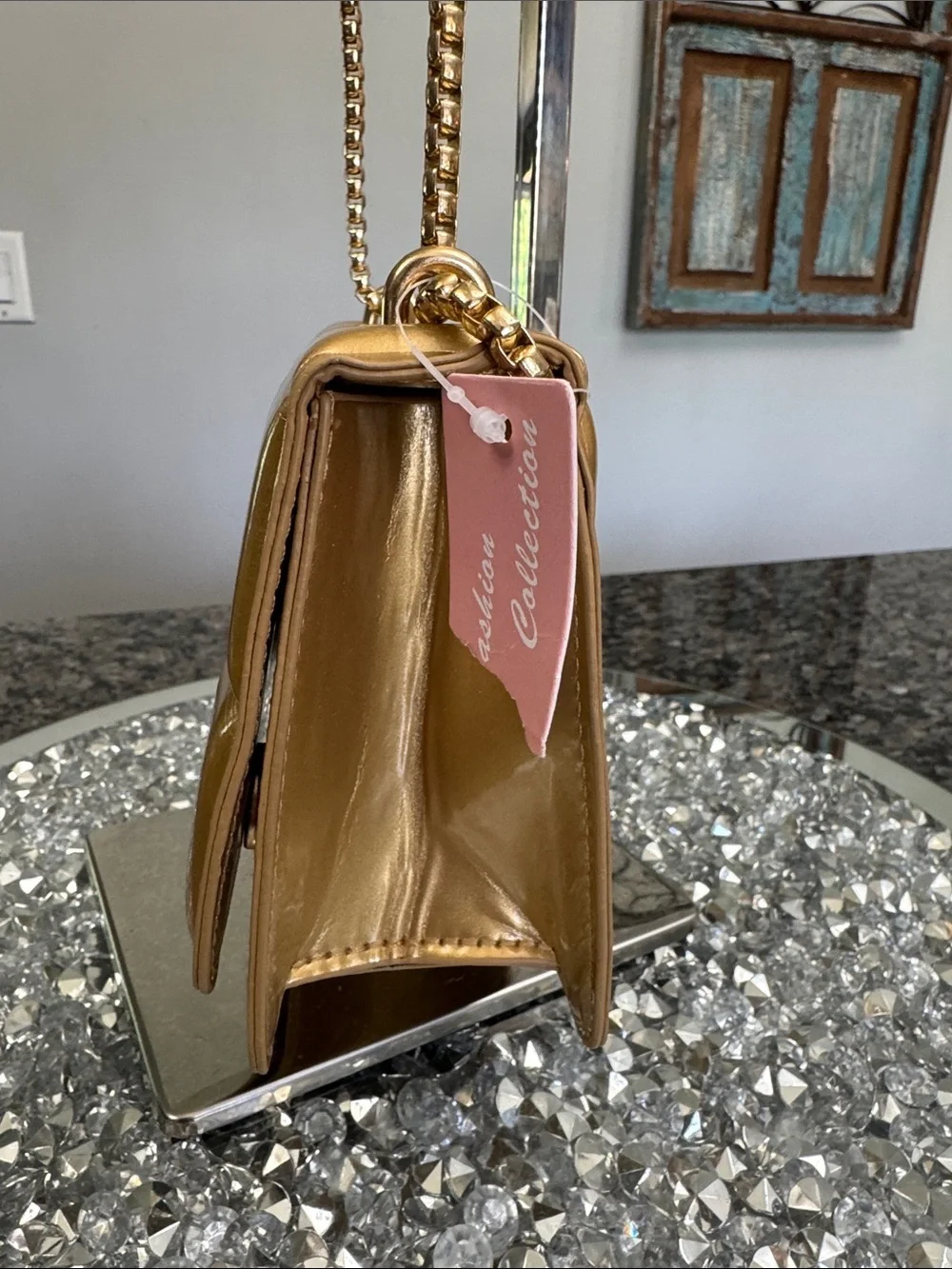 Metallic Gold Quilted shoulder clutch Bag with Chain Strap NWT
